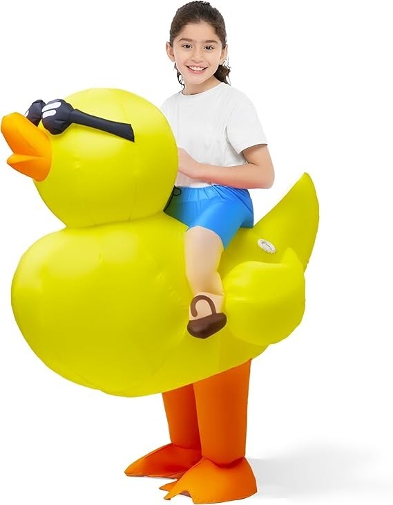 Disfraz inflable para niños montando un pato amarillo disfraz inflable Halloween