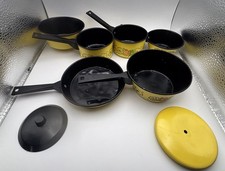 Vintage Kids Small Tin Enamel Yellow Pots And Pans Mixed Lot