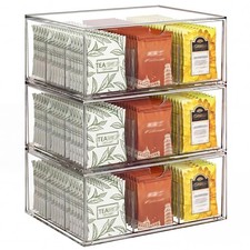 3 Pack Clear Tea Bag Organizer Drawer, Stackable Tea Storage Chest with Divid...
