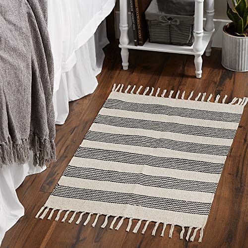 Woven Rugs Collection Hand-Loomed with Fringe, 2x3', Black Ticking Stripe - Picture 5 of 6