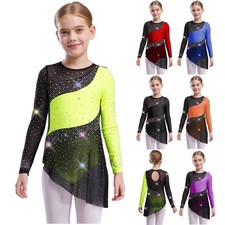 Kid Shiny Long Sleeve Figure Ice Skating Dress Asymmetrical Leotard Ballet Dance