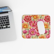 Vibrant Spring Florals Mouse Pad  Pink Red Yellow Flower Desk Mat