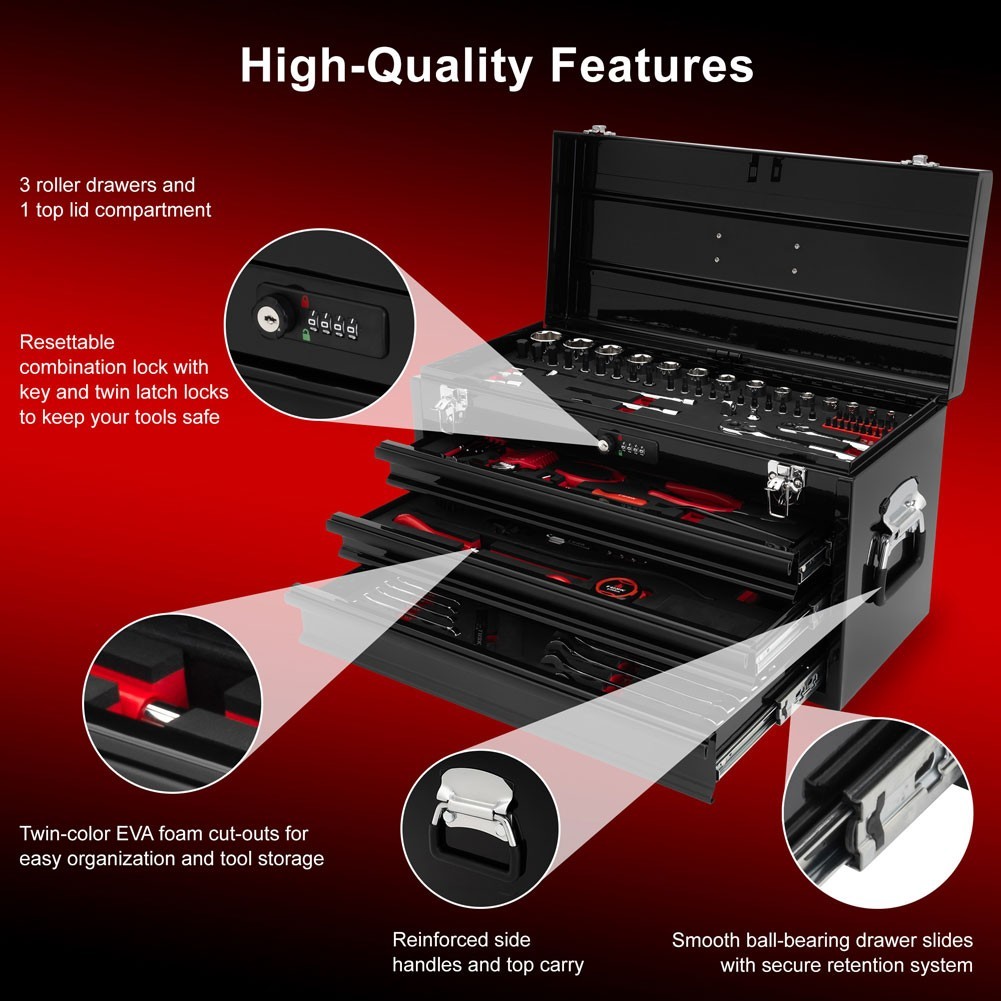 TUSK 3 Drawer Moto Tool Box with Lock, 129pc Tool Set Chrome