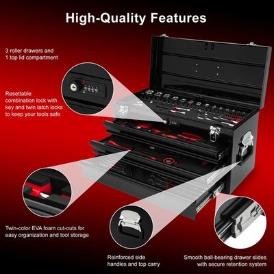 TUSK 3 Drawer Moto Tool Box with Lock, 129pc Tool Set Chrome
