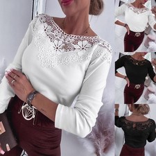 Womens Ladies Shirts Long Sleeved Tops Casual Loose Hollow Lace Blouse Tee 6-18