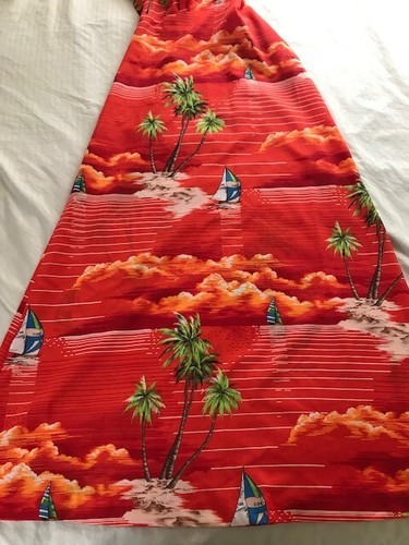 Maluna Hawaiian Dress Vtg Sz 14 Fits Smaller Maxi V Neck Flutter Slvs Red Orange - Picture 11 of 11