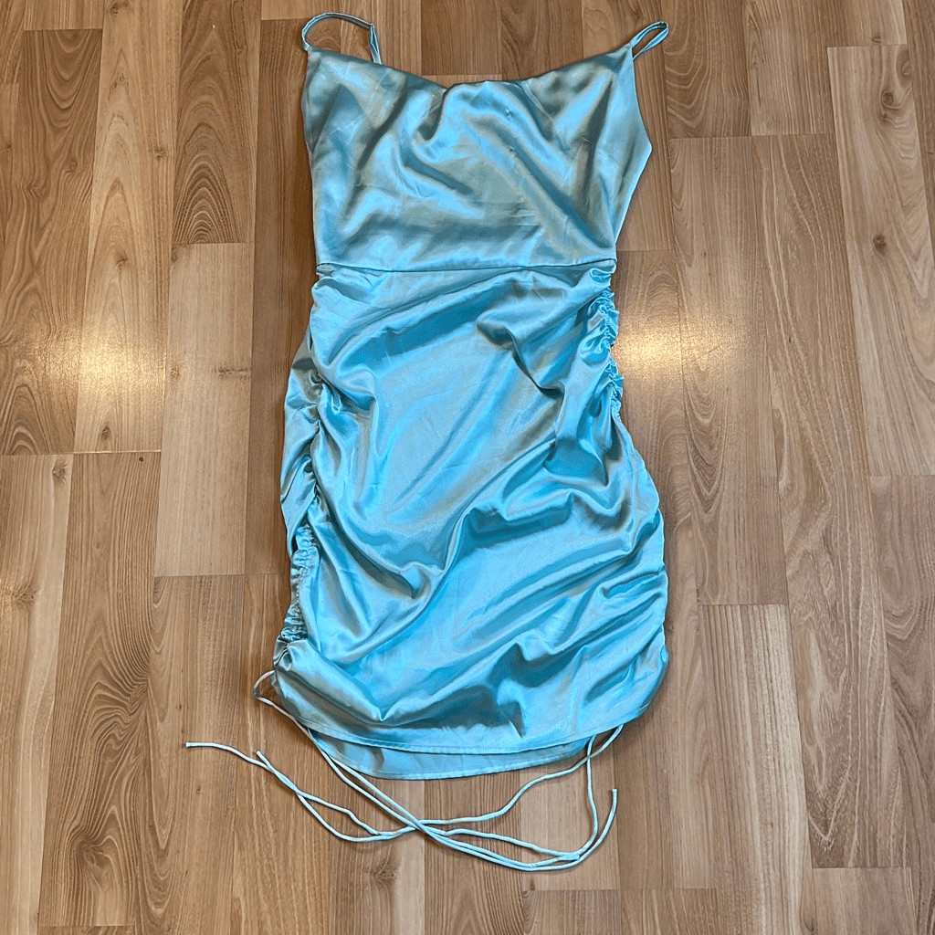 Light Aqua Blue Silky Ruched Mini Dress Medium - Gem