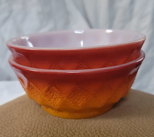 2 Vintage Fire King Kimberly Diamond Bowls, Red/Orange Ombre, Free Shipping, EUC