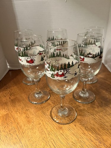 6/Vintage/Libby/winter/Christmas Snow Scene /Goblets 12 oz 7.5” Tall/mint