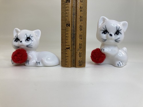 2 Vintage Porcelain White Cat Kitten Red Fuzz Ball Bone China Figurines; Set 1 - Picture 9 of 10