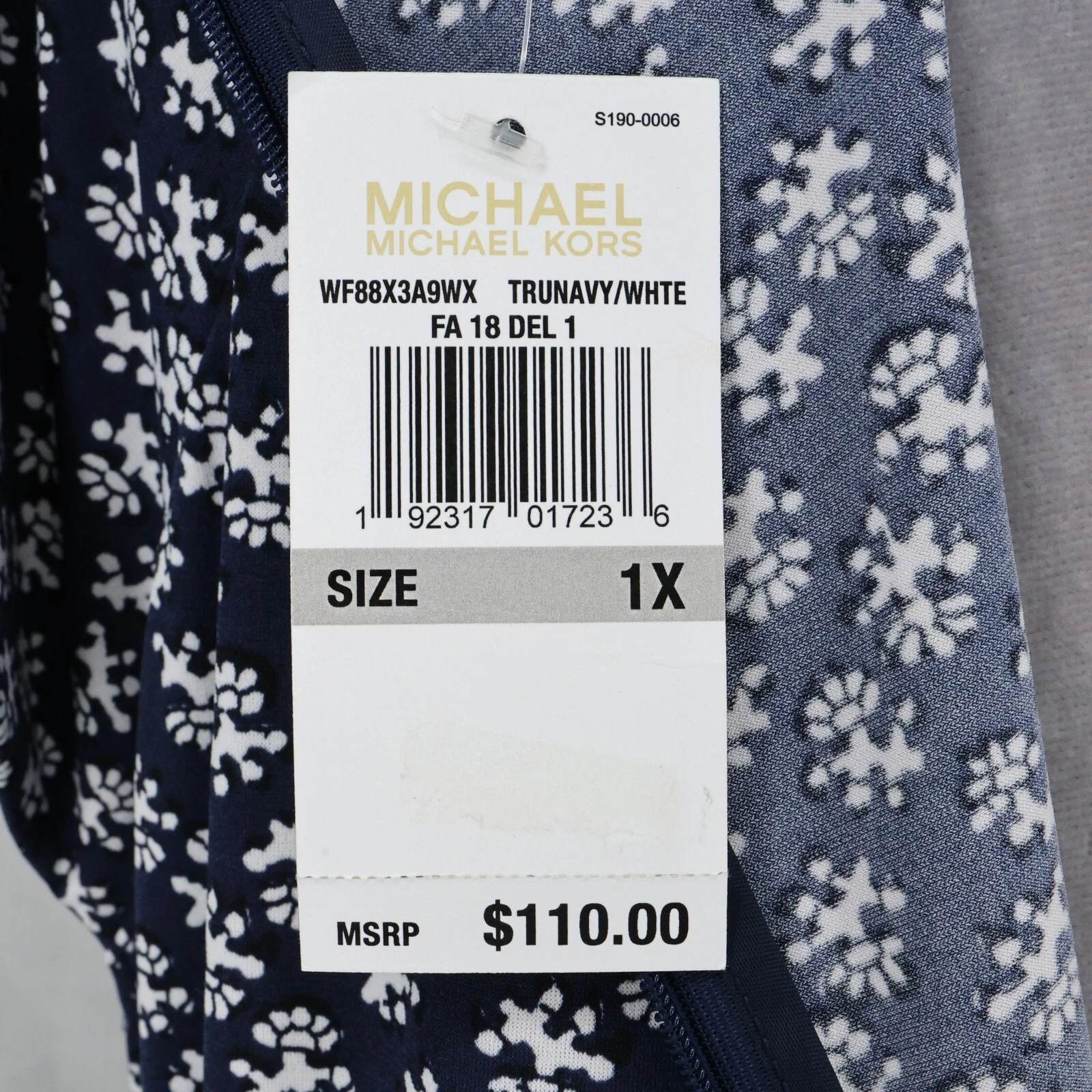 Abito Michael Kors taglie forti 1x blu navy stampa maglia elasticizzata cerniera carriera nuovo
