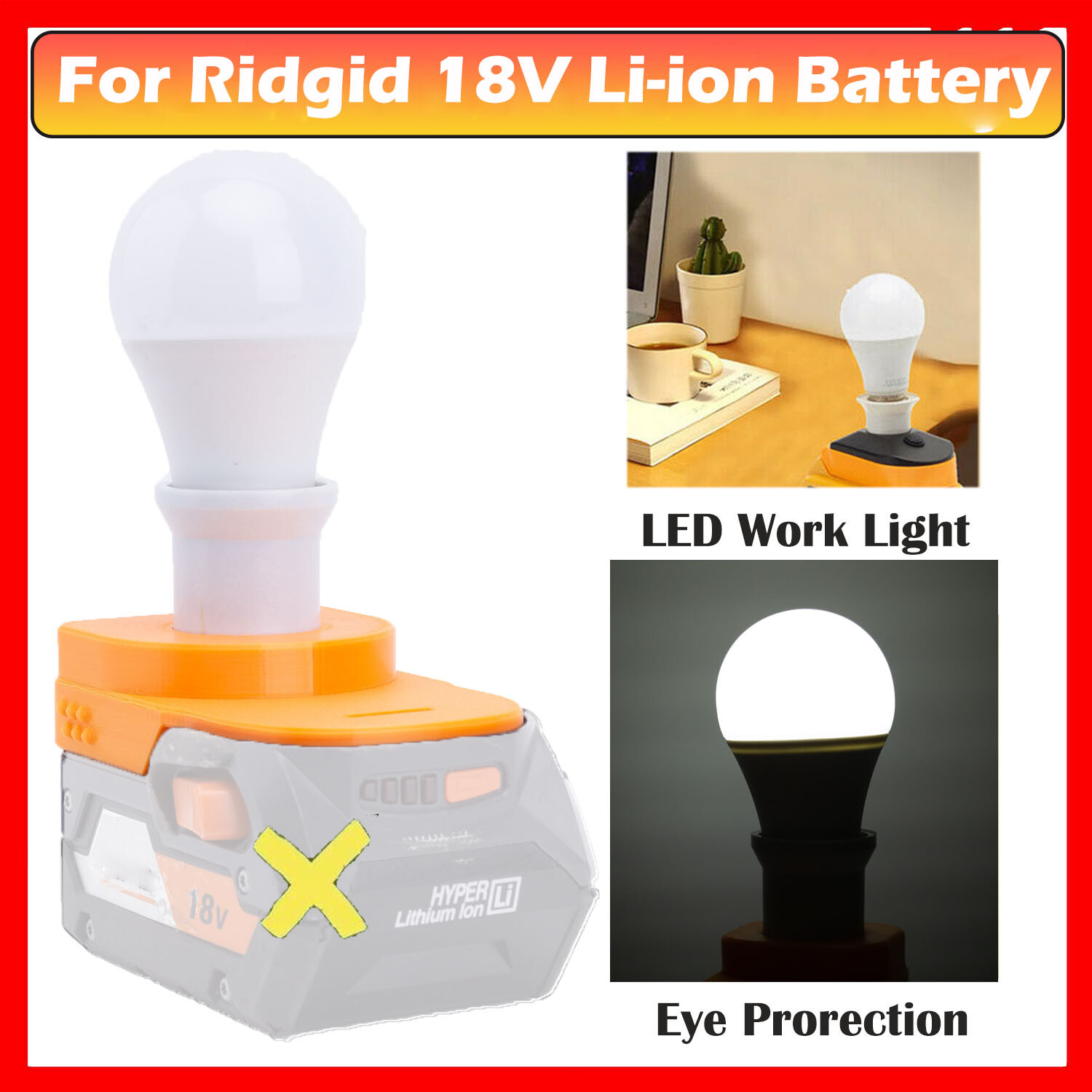 Light Bulb Ridged LED Work Light For RIDGID 18V AEG Lithium Battery Portable E27 Bulb ...