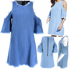 Women's Open Cold Shoulder Frayed Denim Short Mini Dress