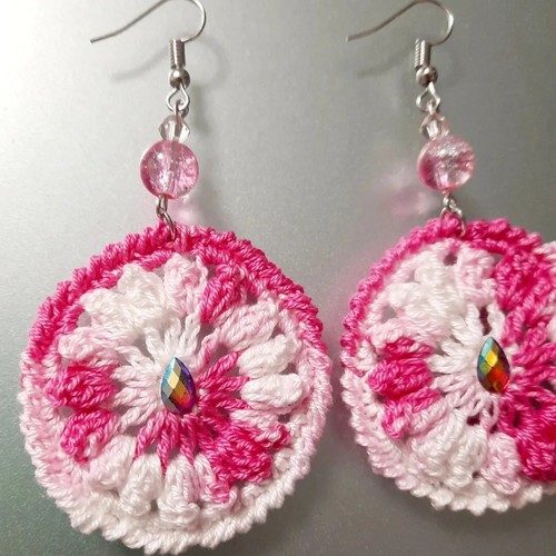 orecchini uncinetto donna handmade pink and white crochet rosa e bianco crochet - Foto 2 di 2