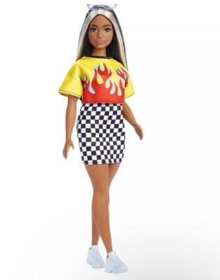 Barbie Fashionista Doll 179 Curvy Flame Top Checkered Skirt Grey Hair Highlight