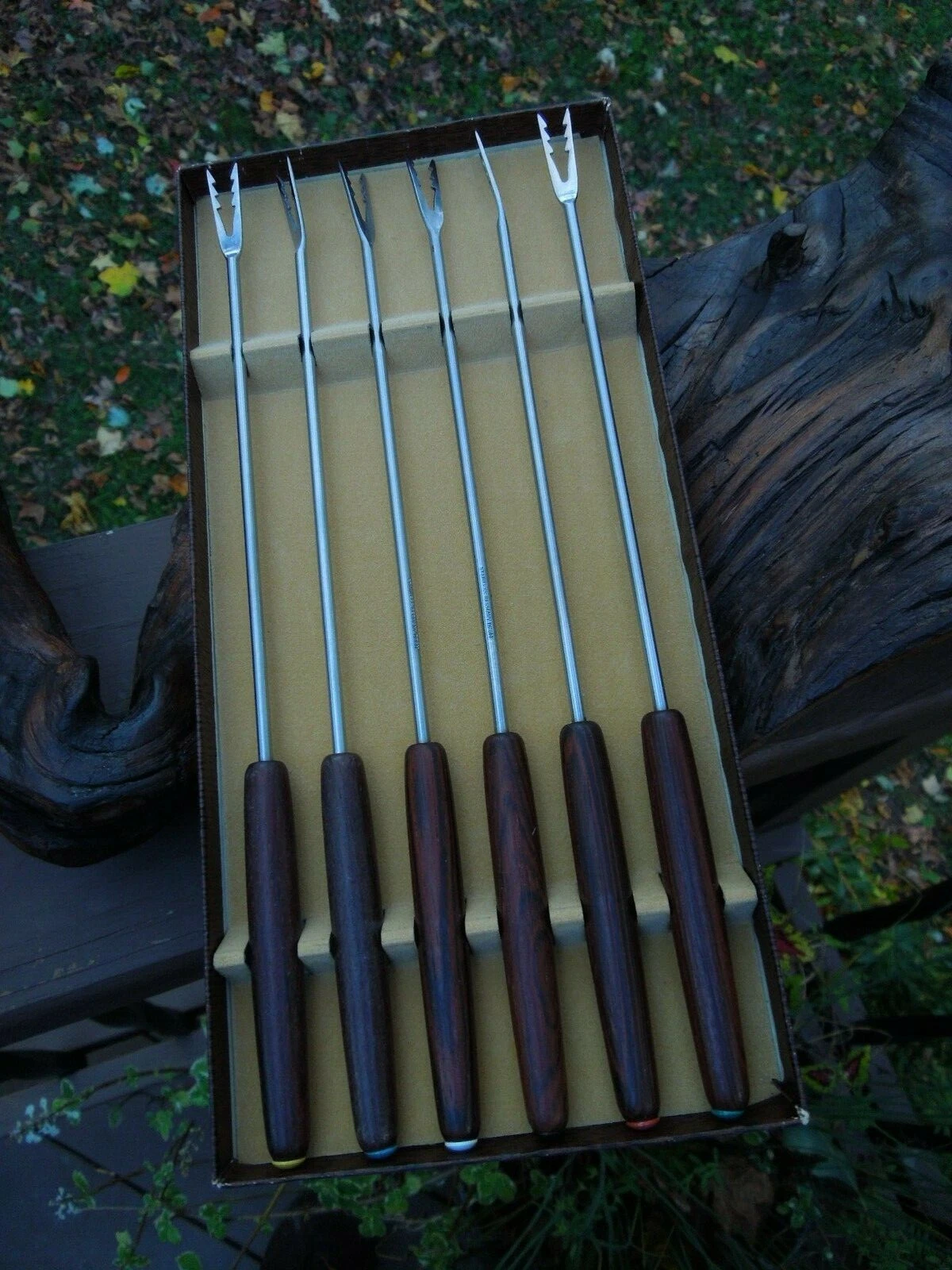 DGBM Mid Century Modern Stainless Steel Wood Color Coded Fondue Set