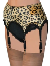 Leopard Print Suspender Belt in Satin with 6 Straps & Metal Clips