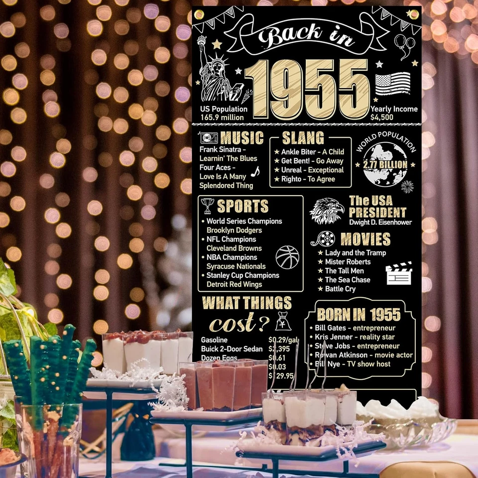 Banner de puerta decoraciones de cumpleaños 70 en 1955 para hombres mujeres, negro dorado Hap Foto 3 de 4
