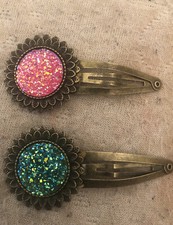 2 Lime/Sherbet Druzy Glitter Vintage Bronze Filigree Snap-in Large Hair Clips