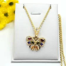14K Gold Plated Woman Multicolor Crystals Butterfly Pendant & Chain. Resilience.
