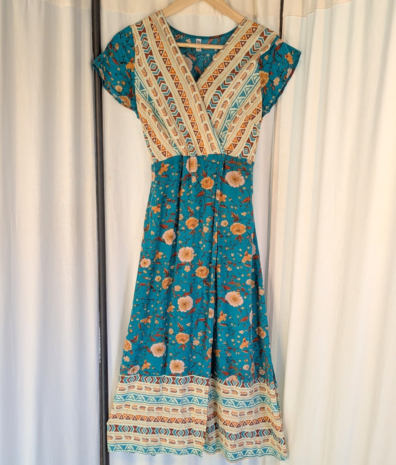 Lapis Sz M Cotton/Rayon Empire Floral Aztec Boho Front Wrap Midi Dress