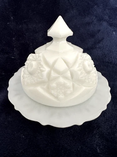 VINTAGE DIAMOND & SUNBURST MILK GLASS DOMED  BUTTER DISH