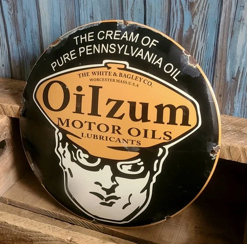 Vintage OILZUM MOTOR OIL White & Bagley Company Porcelain Metal Domed Sign