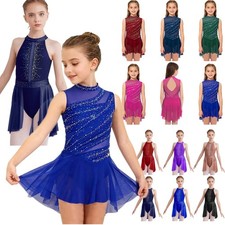 US Girls Figure Skating Leotard Sheer Mesh Dress Latin Dance Competition Costume