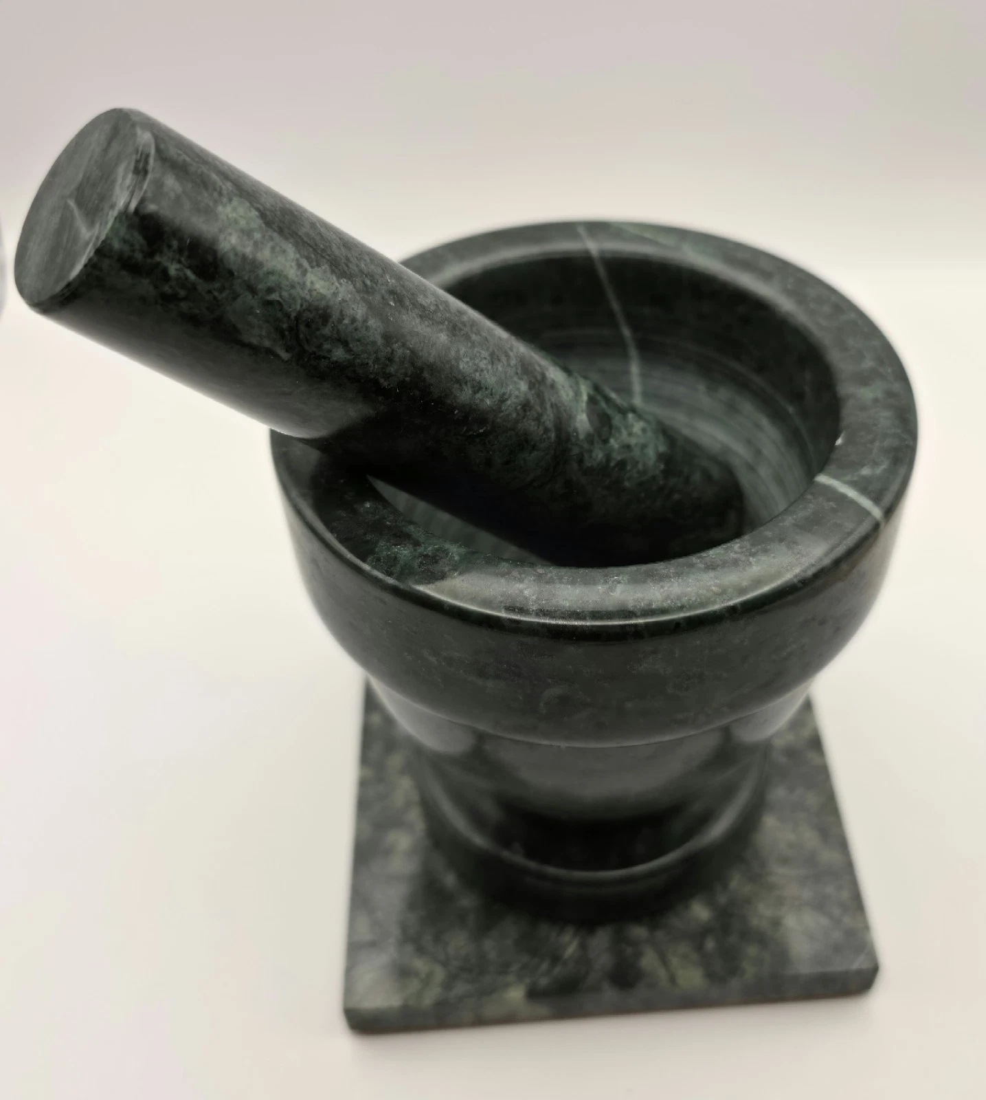 Vintage Mortar & Pestle Footed Green Grey Swirl Natural Marble Stone Pestle Set