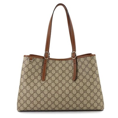 GUCCI GG Emblem Large Tote Bag Beige Brown Leather 815213 Purse