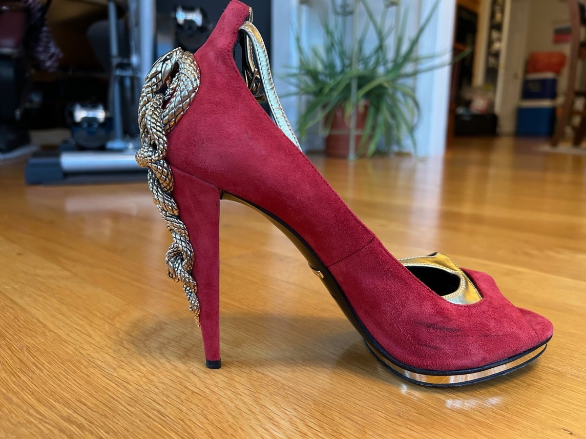 ROBERTO CAVALLI Red Suede Snake Logo T-Strap Pumps Size IT 39 Good  Condition