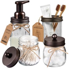 Mason Jar Bathroom Set 4 Pack - Foaming Soap Dispenser 2 Qtip Holders Toothbr...