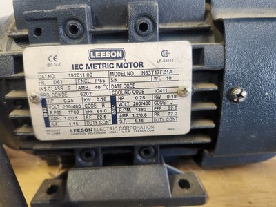 Leeson AC IEC Motor C63T17FZ1C, 0.25 HP, 230/460 VAC, 1700 RPM, D63, 192011.00