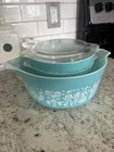 Vintage PYREX Turquoise Amish BUTTERPRINT Casserole Set 471, 473, 475 with 1 Lid