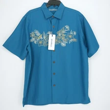 Roundtree & Yorke Caribbean Short-Sleeve Shirt L Blue Embroidered Floral NWT