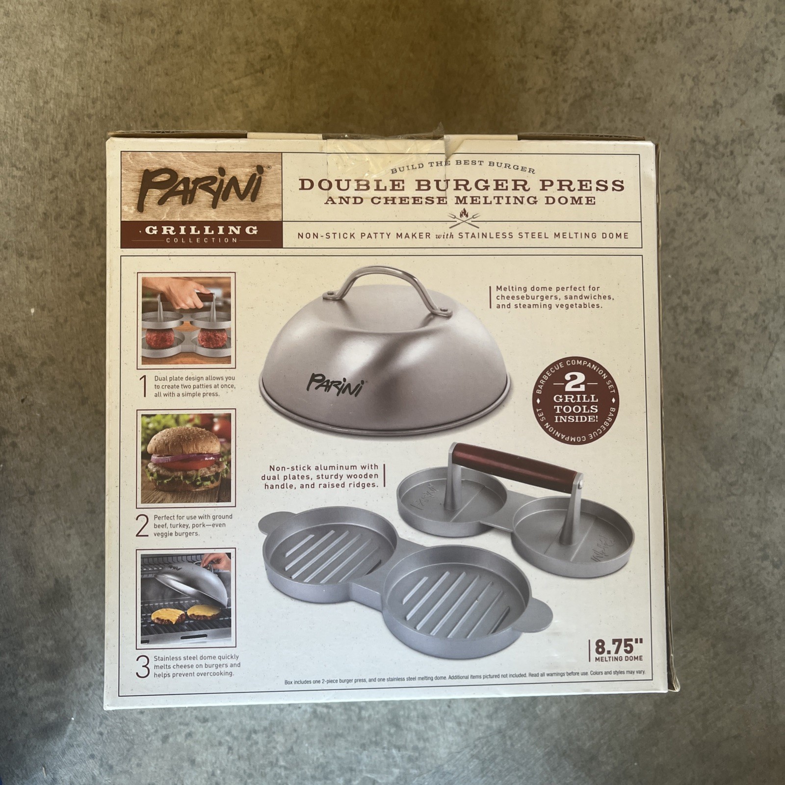 PARINI Double Burger Press And Cheese Melting  Dome.