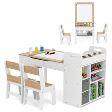 Kids Drawing Table 2 Chairs Paper Roll Paint Cups Storage Craft Desk Set