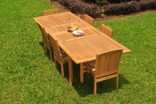 A-Grade Teak 7pc Dining 118" Rectangle Table 6 Wave Stacking Arm Chairs Set - Picture 5 of 7