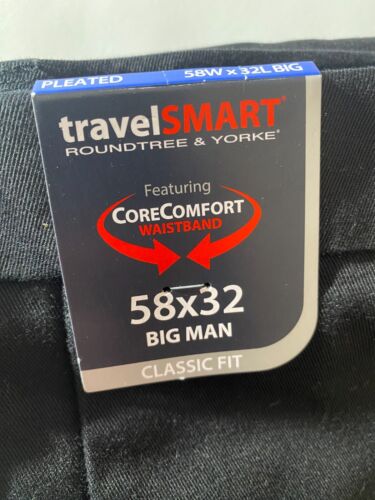 NEW- Big Mens 58 x 32 Roundtree & Yorke TravelSMART Pants Pleated Cotton Black - Picture 11 of 12