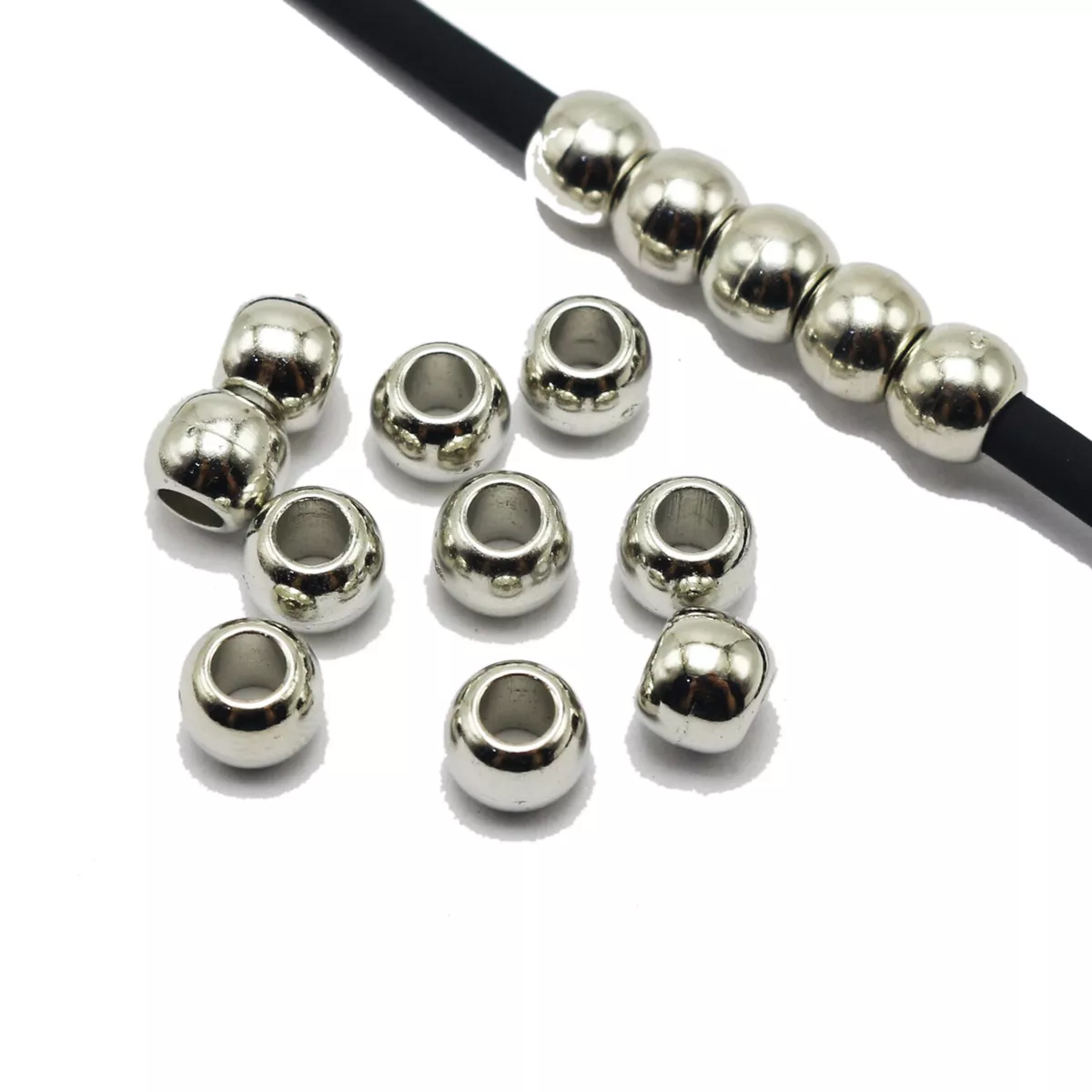 200 Silver Tone Metallic Acrylic Round Pony Beads 8X6mm Big Hole Spacer