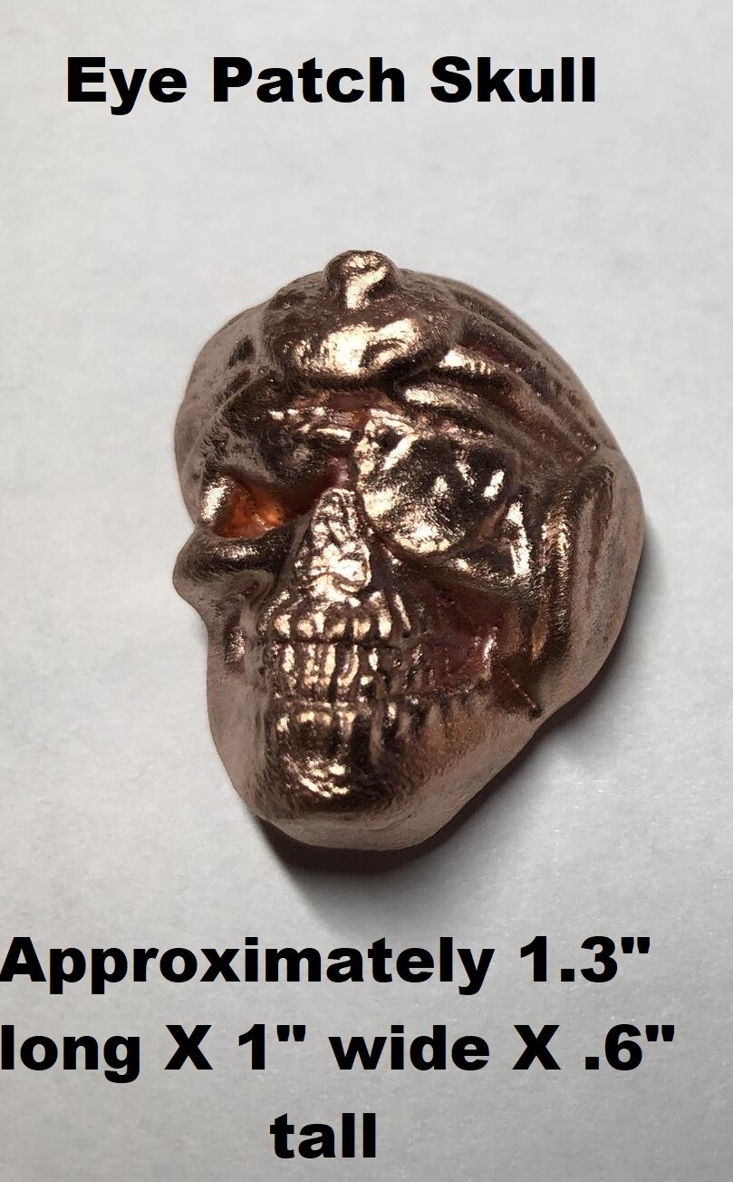 2+ oz Hand Poured Copper Eye Patch Skull 999 Fine Art Collectible