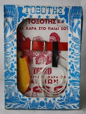 VINTAGE 70'S TOKSOTIS GREEK COWBOY INDIAN SET BELT KNIFE LITHO BOX WESTERN NEW 
