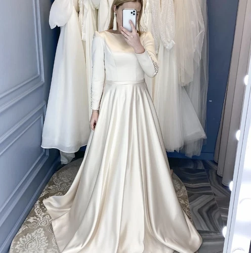 Elegant Satin High Neck Wedding Dresses Long Sleeves A Line Simple Bridal Gowns - Picture 3 of 7