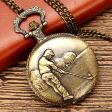 Vintage Bronze Quartz Pocket Watch 3D Golfing Theme Pocket Chain Men Women Gift