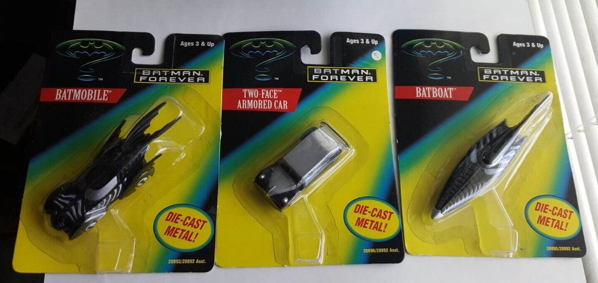 KENNER BATMAN FOREVER BATMOBILE, BAT BOAT, TWO FACE ARMOR CAR DIE
