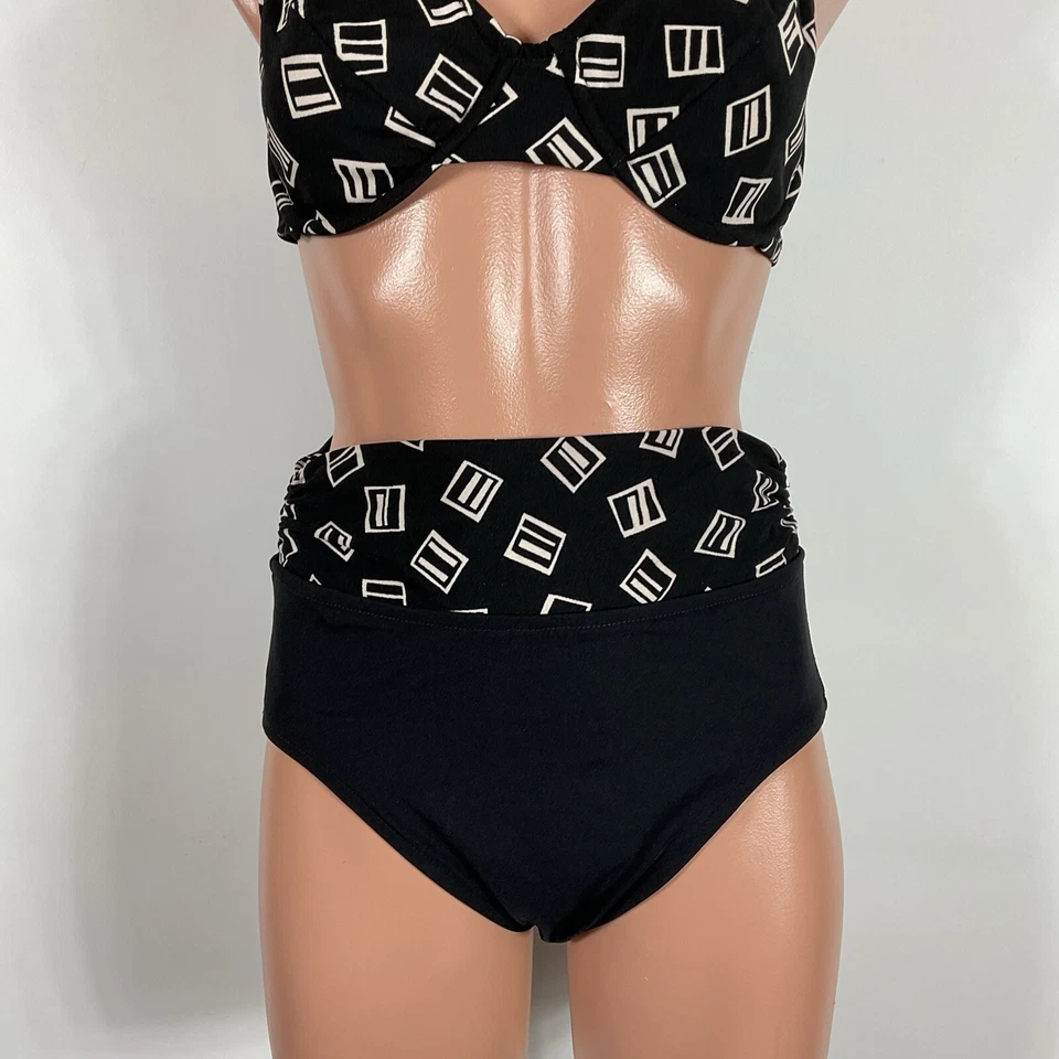 Traje de baño vintage años 80 10/32D pinup talle alto bikini con aros negro geométrico Foto 4 de 4