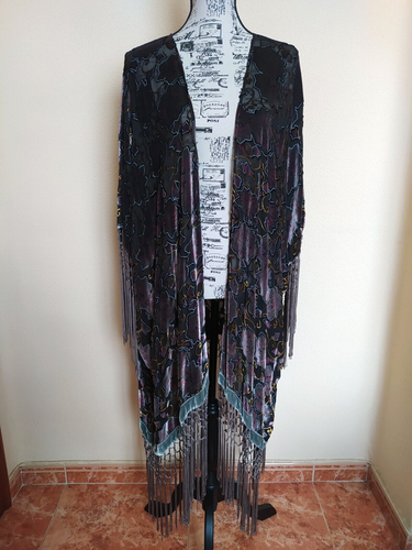 ❤️ZARA GELSO SETA VELLUTO PONCHO FRANGE VINTAGE KIMONO GIACCA CAFTANO M - Foto 9 di 22