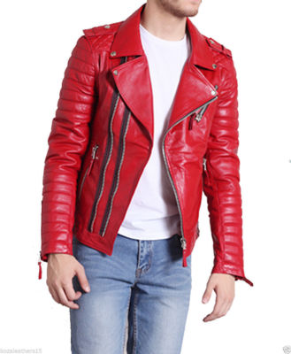 Men Real Lambskin Leather Jacket Red Biker Motorcycle Style Premium Jacket/Coat