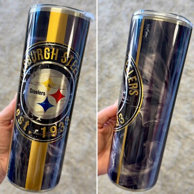 NEW! SILVER PITTSBURG STEELERS 20 OZ STAINLESS STEEL TUMBLER CUP +LID & STRAW