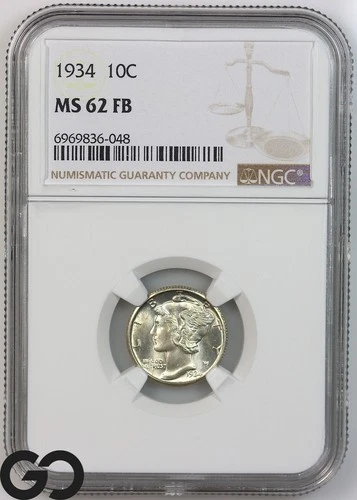 1934 Mercury Dime, Full Split Bands, NGC MS 62 FSB ** Very Sharp!